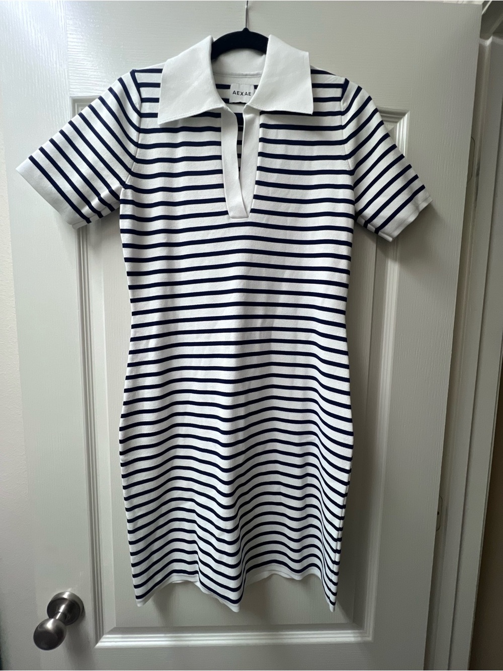 AEXAE White & Navy Striped Polo Mini Dress with V-Slit Collar